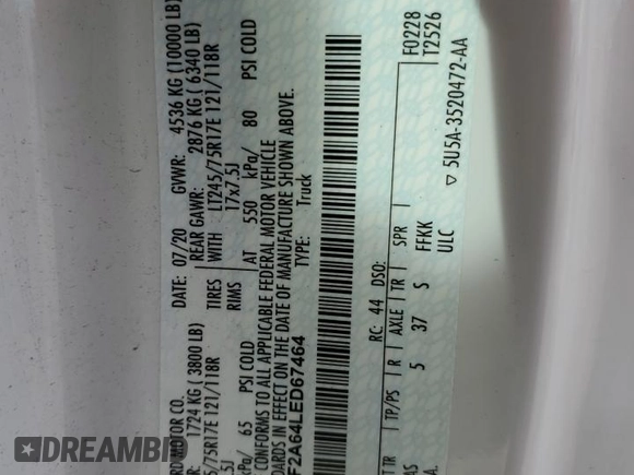 2020 Ford F-250 XL z VIN 1FTBF2A64LED67464, wystawiony jako Copart lot #48453744 z przebiegiem 75 700 mil mil oraz Szkoda całkowita • Salvage title. Historia ofert i sprzedaży dostępna na DreamBid. Obrazek 12.