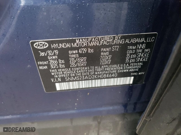 2019 Hyundai Santa Fe SE with VIN 5NMS23AD2KH084640, listed as a Copart auction lot 48397235 with 81,215 mi miles and Salvage Title. Bid and sale history available at carsss.com. Image 13.