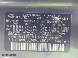 2019 Hyundai Tucson Value with VIN KM8J33A40KU999340, listed as a IAAI auction lot 41876380 with 52,752 mi miles. Bid and sale history available at carsss.com. Image 9.