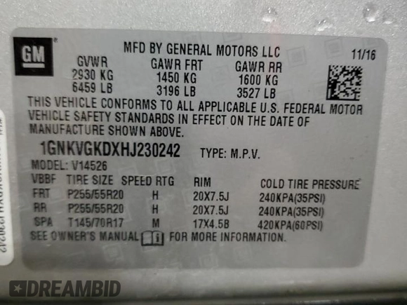2017 Chevrolet Traverse LT with VIN 1GNKVGKDXHJ230242, listed as a Copart auction lot 47626265 with 134,491 mi miles and Salvage Title. Bid and sale history available at DreamBid. Image 14.