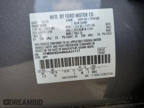 2022 Ford Explorer XLT с VIN 1FMSK8DH4NGA31117, выставлен на аукционе Copart как лот 62887015 с пробегом 24 831 миль миль и Списание • Salvage title. История ставок и продаж доступна на DreamBid. Изображение 13.