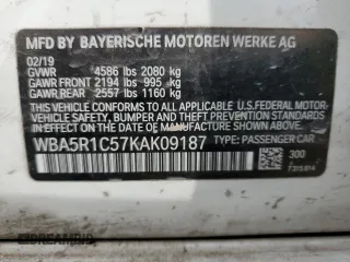 2019 BMW 3 Series 330i with VIN WBA5R1C57KAK09187, listed as a Copart auction lot 45050205 with 0 mi miles and Salvage Title. Bid and sale history available at carsss.com. Image 12.
