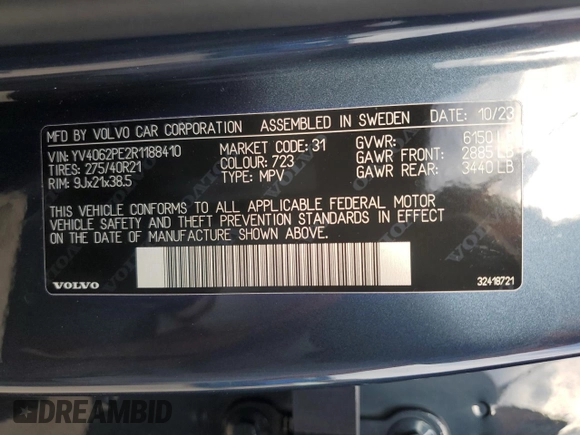2024 Volvo XC90 Plus Bright Theme with VIN YV4062PE2R1188410, listed as a Copart auction lot 51835185 with 19,548 mi miles and Salvage Title. Bid and sale history available at DreamBid. Image 14.