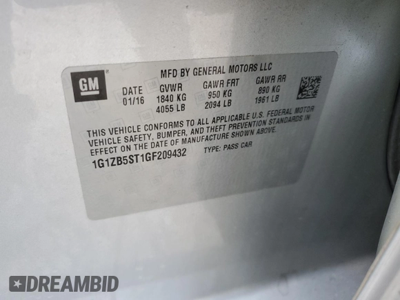 2016 Chevrolet Malibu LS with VIN 1G1ZB5ST1GF209432, listed as a Copart auction lot 82406374 with Not Provided miles and Salvage Title. Bid and sale history available at DreamBid. Image 12.