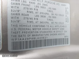 2008 Porsche Cayenne with VIN WP1AA29P48LA03621, listed as a IAAI auction lot 41432079 with 133,069 mi miles. Bid and sale history available at carsss.com. Image 9.