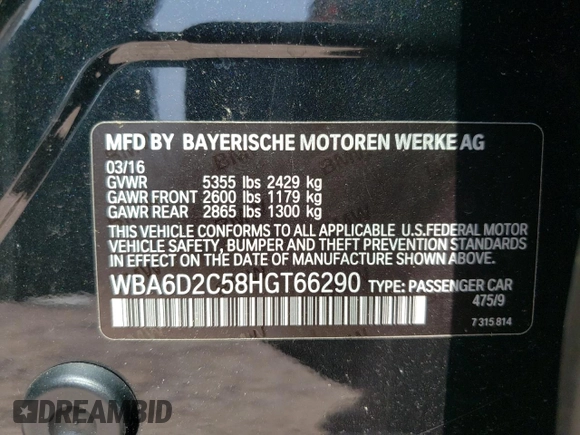 2017 BMW 6 Series 640i xDrive with VIN WBA6D2C58HGT66290, listed as a Copart auction lot 65738404 with 105,783 mi miles and Salvage Title. Bid and sale history available at carsss.com. Image 13.