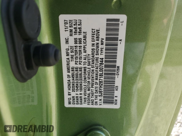 2008 Honda Element EX z VIN 5J6YH28718L007844, wystawiony jako Copart lot #59774375 z przebiegiem Nie podano mil oraz Czysty tytuł • Clean title. Historia ofert i sprzedaży dostępna na DreamBid. Obrazek 12.