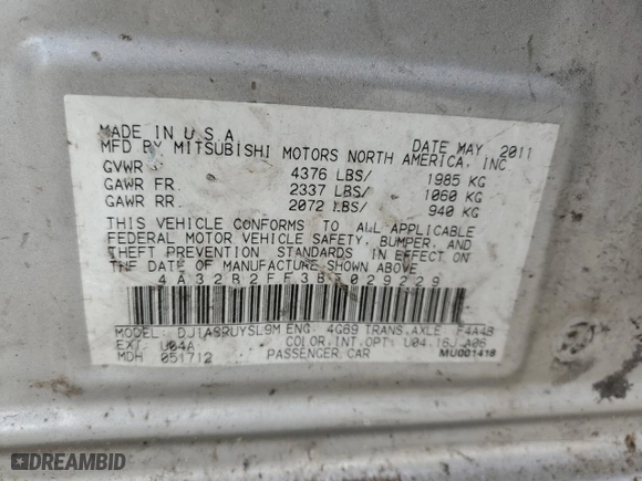 2011 Mitsubishi Galant FE with VIN 4A32B2FF3BE029229, listed as a Copart auction lot 62106724 with 108318 miles and Non Repairable. Bid and sale history available at carsss.com. Image 12.