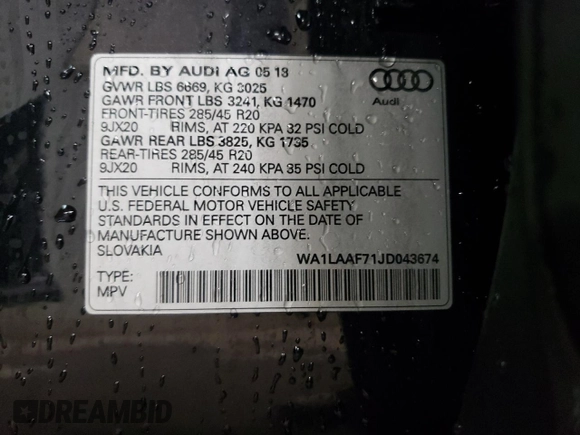 2018 Audi Q7 Premium Plus with VIN WA1LAAF71JD043674, listed as a Copart auction lot 49294125 with 66,577 mi miles and Salvage Title. Bid and sale history available at carsss.com. Image 13.