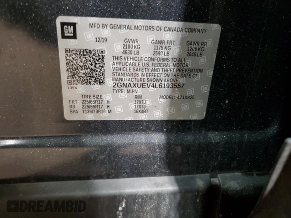 2020 Chevrolet Equinox LT with VIN 2GNAXUEV4L6193557, listed as a Copart auction lot 47398585 with 83,889 mi miles and Salvage Title. Bid and sale history available at DreamBid. Image 14.