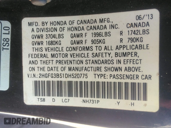 2013 Honda Civic Cpe LX with VIN 2HGFG3B51DH520775, listed as a IAAI auction lot 41853604 with 219,336 mi miles. Bid and sale history available at carsss.com. Image 9.