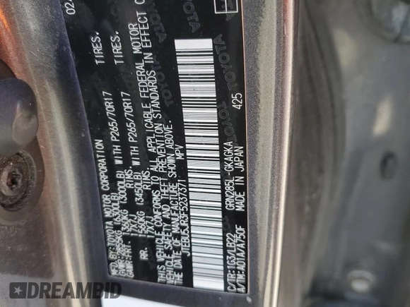 2015 Toyota 4Runner Limited with VIN JTEBU5JR3F5237371, listed as a Copart auction lot 55433265 with Not Provided miles and Clean Title. Bid and sale history available at DreamBid. Image 13.