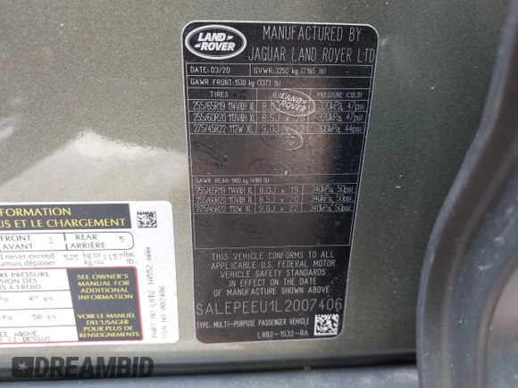 2020 Land Rover Defender SE with VIN SALEPEEU1L2007406, listed as a IAAI auction lot 42454973 with 34,017 mi miles and . Bid and sale history available at DreamBid. Image 9.