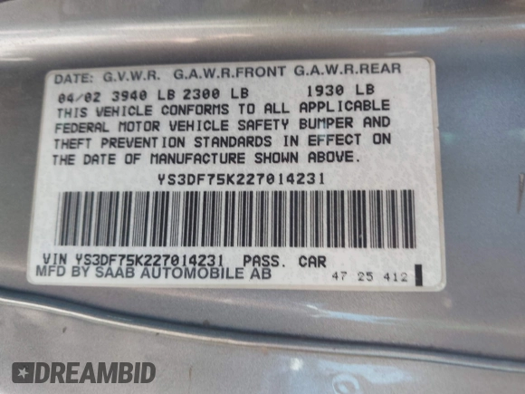2002 Saab 9-3 z VIN YS3DF75K227014231, wystawiony jako IAAI lot #42305591 z przebiegiem 145 813 mil mil oraz . Historia ofert i sprzedaży dostępna na DreamBid. Obrazek 9.