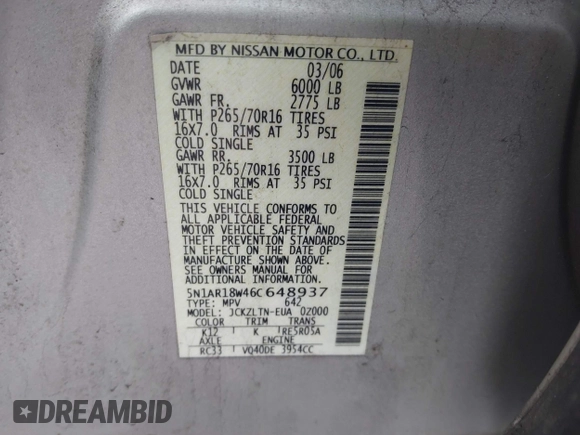 2006 Nissan Pathfinder SE with VIN 5N1AR18W46C648937, listed as a IAAI auction lot 42098712 with 159,315 mi miles and . Bid and sale history available at DreamBid. Image 9.