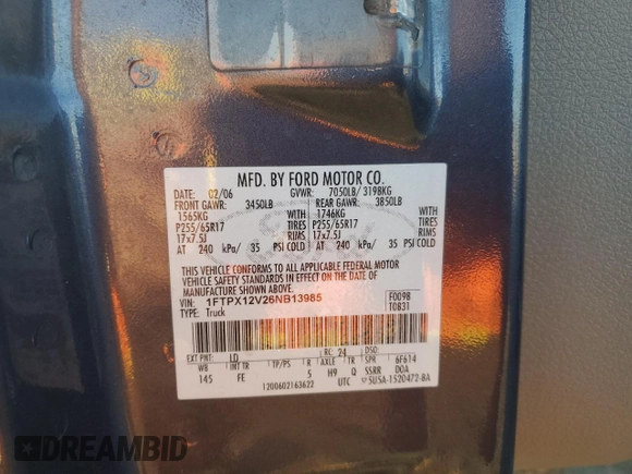2006 Ford F-150 XL с VIN 1FTPX12V26NB13985, выставлен на аукционе Copart как лот 86205554 с пробегом 184 009 миль миль и Списание • Salvage title. История ставок и продаж доступна на DreamBid. Изображение 14.