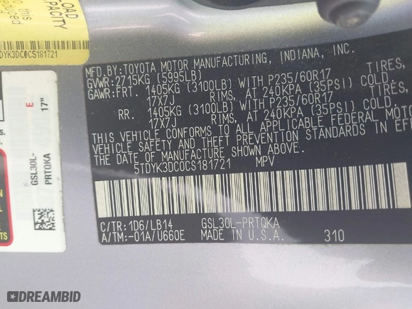 2012 Toyota Sienna XLE AAS with VIN 5TDYK3DC0CS181721, listed as a IAAI auction lot 41842628 with 158,338 mi miles. Bid and sale history available at carsss.com. Image 9.