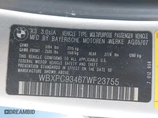 2007 BMW X3 3.0si with VIN WBXPC93467WF23755, listed as a IAAI auction lot 41862972 with 97,477 mi miles. Bid and sale history available at carsss.com. Image 9.