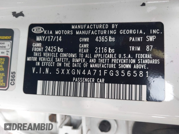 2015 Kia Optima EX with VIN 5XXGN4A71FG356581, listed as a IAAI auction lot 42365202 with Not provided miles and . Bid and sale history available at DreamBid. Image 9.