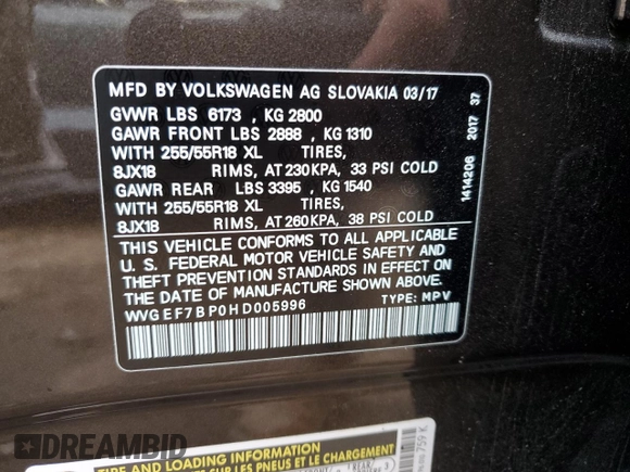 2017 Volkswagen Touareg Sport with VIN WVGEF7BP0HD005996, listed as a Copart auction lot 72883304 with 66,167 mi miles and Salvage Title. Bid and sale history available at DreamBid. Image 14.