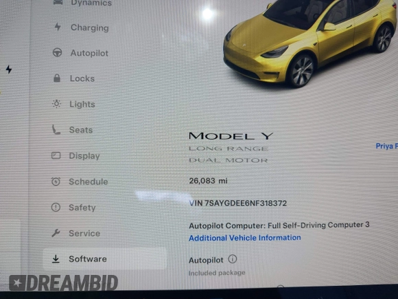 2022 Tesla Model Y Long Range with VIN 7SAYGDEE6NF318372, listed as a IAAI auction lot 41526857 with 26,083 mi miles and . Bid and sale history available at carsss.com. Image 7.