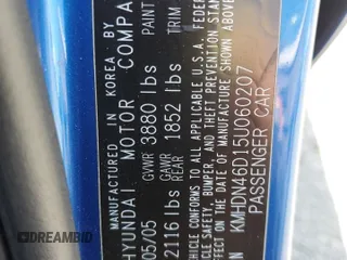 2005 Hyundai Elantra GLS с VIN KMHDN46D15U060207, выставлен на аукционе Copart как лот 59016585 с пробегом 159 589 миль миль и Списание • Salvage title. История ставок и продаж доступна на DreamBid. Изображение 12.