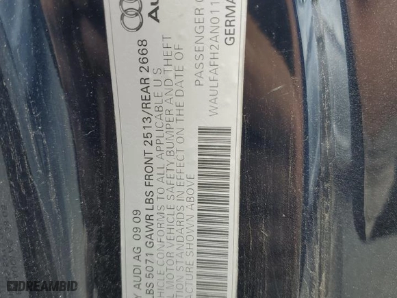 2010 Audi A5 Premium Plus with VIN WAULFAFH2AN011453, listed as a Copart auction lot 59674084 with 0 mi miles and Salvage Title. Bid and sale history available at carsss.com. Image 12.