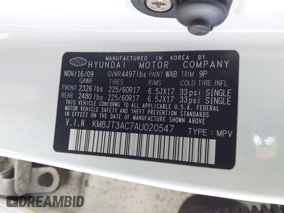 2010 Hyundai Tucson GLS with VIN KM8JT3AC7AU020547, listed as a IAAI auction lot 42014150 with 106,559 mi miles and . Bid and sale history available at DreamBid. Image 9.