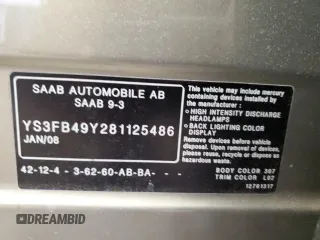 2008 Saab 9-3 z VIN YS3FB49Y281125486, wystawiony jako Copart lot #46037645 z przebiegiem 112 605 mil mil oraz Szkoda całkowita • Salvage title. Historia ofert i sprzedaży dostępna na DreamBid. Obrazek 13.