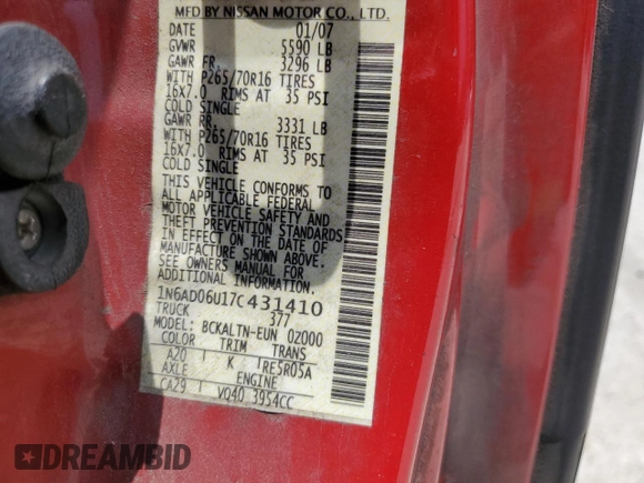 2007 Nissan Frontier SE z VIN 1N6AD06U17C431410, wystawiony jako Copart lot #65357444 z przebiegiem 294 167 mil mil oraz Szkoda całkowita • Salvage title. Historia ofert i sprzedaży dostępna na DreamBid. Obrazek 13.