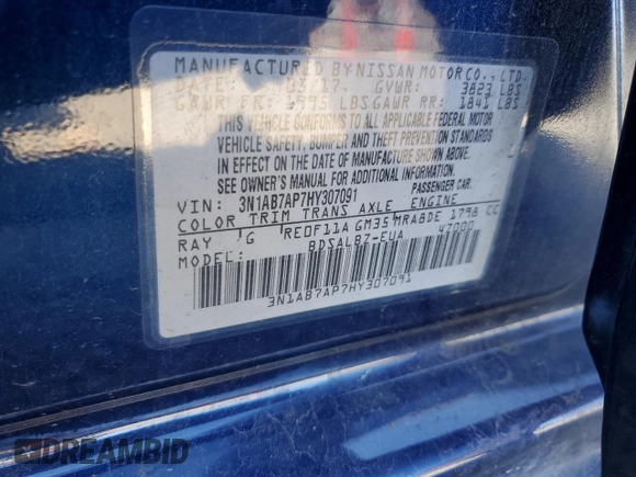 2017 Nissan Sentra S with VIN 3N1AB7AP7HY307091, listed as a Copart auction lot 52600165 with 76,869 mi miles and Salvage Title. Bid and sale history available at carsss.com. Image 12.