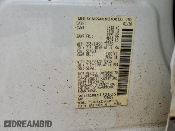 2020 Nissan Murano Platinum z VIN 5N1AZ2DJ0LN132025, wystawiony jako Copart lot #48622685 z przebiegiem 56 465 mil mil oraz Szkoda całkowita • Salvage title. Historia ofert i sprzedaży dostępna na DreamBid. Obrazek 15.