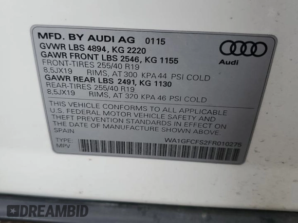 2015 Audi Q3 Prestige z VIN WA1GFCFS2FR010275, wystawiony jako Copart lot #50551025 z przebiegiem 12 822 mil mil oraz Szkoda całkowita • Salvage title. Historia ofert i sprzedaży dostępna na DreamBid. Obrazek 12.