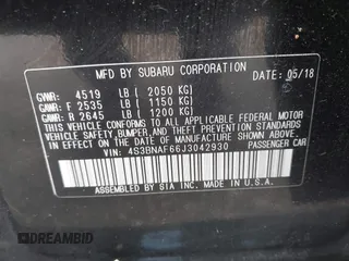 2018 Subaru Legacy Premium with VIN 4S3BNAF66J3042930, listed as a IAAI auction lot 42695980 with 56,051 mi miles and . Bid and sale history available at DreamBid. Image 9.