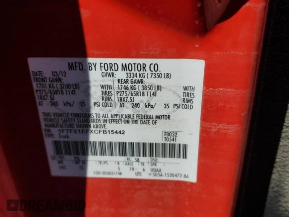 2012 Ford F-150 XL with VIN 1FTFX1EFXCFB15442, listed as a Copart auction lot 46424915 with Not provided miles and Salvage title. Bid and sale history available at DreamBid. Image 13.