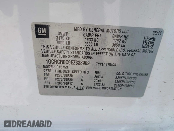2014 Chevrolet Silverado 1500 LT with VIN 1GCRCREC9EZ338909, listed as a IAAI auction lot 41833908 with Not Provided miles and . Bid and sale history available at DreamBid. Image 9.