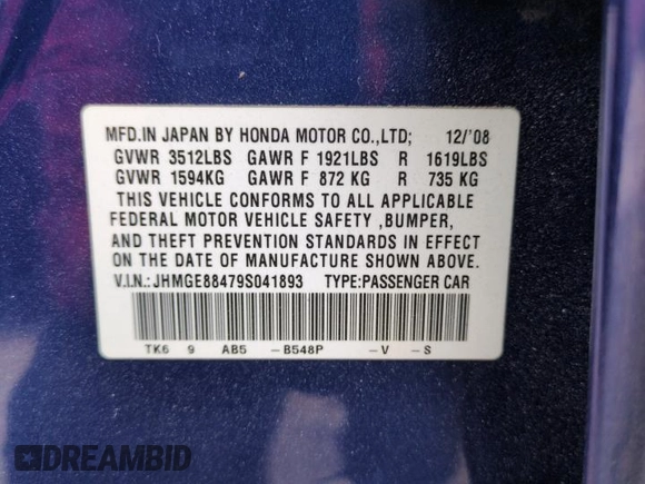 2009 Honda Fit Sport with VIN JHMGE88479S041893, listed as a Copart auction lot 50742275 with 93,206 mi miles and Salvage Title. Bid and sale history available at carsss.com. Image 12.