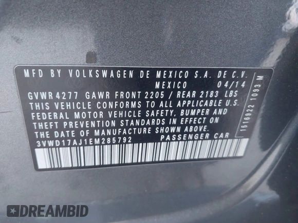 2014 Volkswagen Jetta SE z VIN 3VWD17AJ1EM285792, wystawiony jako IAAI lot #41652684 z przebiegiem 169 929 mil mil oraz . Historia ofert i sprzedaży dostępna na DreamBid. Obrazek 9.