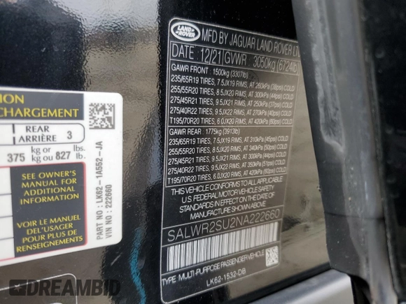 2022 Land Rover Range Rover Sport HSE Silver Edition with VIN SALWR2SU2NA222660, listed as a Copart auction lot 55740745 with 58,985 mi miles and Salvage title. Bid and sale history available at DreamBid. Image 14.