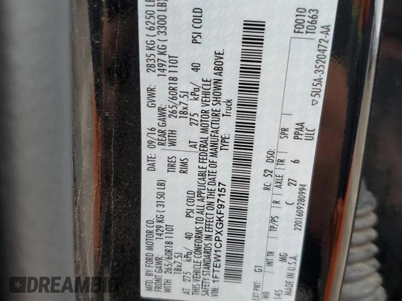 2016 Ford F-150 XL with VIN 1FTEW1CPXGKF97157, listed as a Copart auction lot 57844475 with 105,324 mi miles and Salvage title. Bid and sale history available at DreamBid. Image 12.