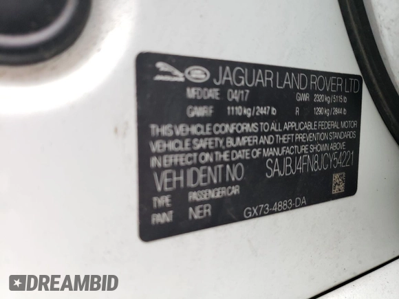 2018 Jaguar XF with VIN SAJBJ4FN8JCY54221, listed as a Copart auction lot 70035462 with 107,690 mi miles and . Bid and sale history available at DreamBid. Image 14.