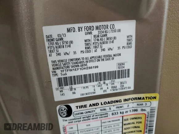 2013 Ford F-150 XL with VIN 1FTFW1EF1DKE66199, listed as a Copart auction lot 51216725 with 134,457 mi miles and Salvage Title. Bid and sale history available at carsss.com. Image 13.