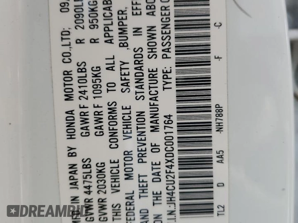 2013 Acura TSX with VIN JH4CU2F4XDC001764, listed as a Copart auction lot 53741985 with 150,254 mi miles and Salvage title. Bid and sale history available at DreamBid. Image 12.
