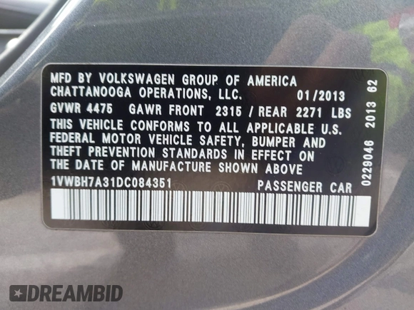 2013 Volkswagen Passat SE with VIN 1VWBH7A31DC084351, listed as a IAAI auction lot 42014167 with 187,959 mi miles and . Bid and sale history available at DreamBid. Image 9.