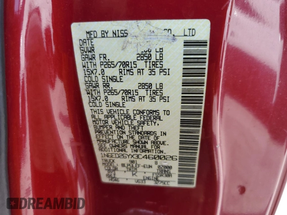 2003 Nissan Frontier XE with VIN 1N6ED26YX3C460026, listed as a Copart auction lot 59818595 with 140,306 mi miles and Clean title. Bid and sale history available at DreamBid. Image 12.