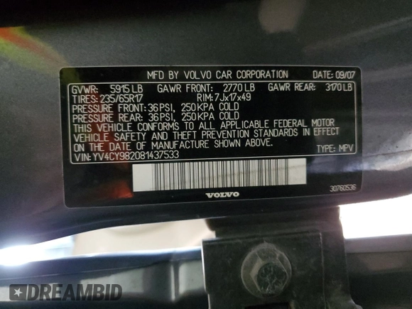 2008 Volvo XC90 I6 with VIN YV4CY982081437533, listed as a Copart auction lot 80211434 with 0 mi miles and Salvage Title. Bid and sale history available at carsss.com. Image 14.