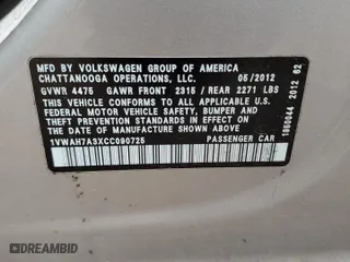 2012 Volkswagen Passat S w/Appearance with VIN 1VWAH7A3XCC090725, listed as a Copart auction lot 49828585 with 204,961 mi miles and Salvage Title. Bid and sale history available at carsss.com. Image 12.