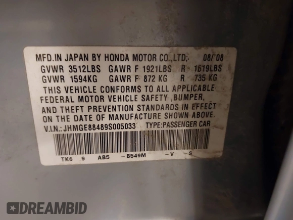 2009 Honda Fit Sport with VIN JHMGE88489S005033, listed as a IAAI auction lot 41861124 with 56,148 mi miles and . Bid and sale history available at DreamBid. Image 9.
