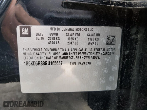 2016 Cadillac CT6 Luxury AWD with VIN 1G6KD5RS8GU165637, listed as a Copart auction lot 55574075 with 34,675 mi miles and Salvage title. Bid and sale history available at DreamBid. Image 12.