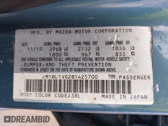 2011 Mazda 3 i Touring with VIN JM1BL1VG2B1425700, listed as a IAAI auction lot 42084171 with 162,310 mi miles. Bid and sale history available at carsss.com. Image 9.